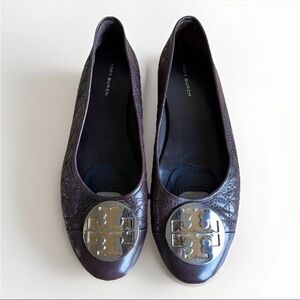 Tory Burch Women’s Claire Quilted Ballet Flat Brown Leather Shoes Size 8